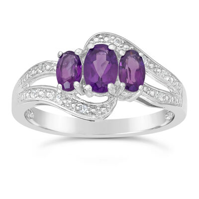 Triple Oval Amethyst and White Topaz Ring in Sterling Silver 