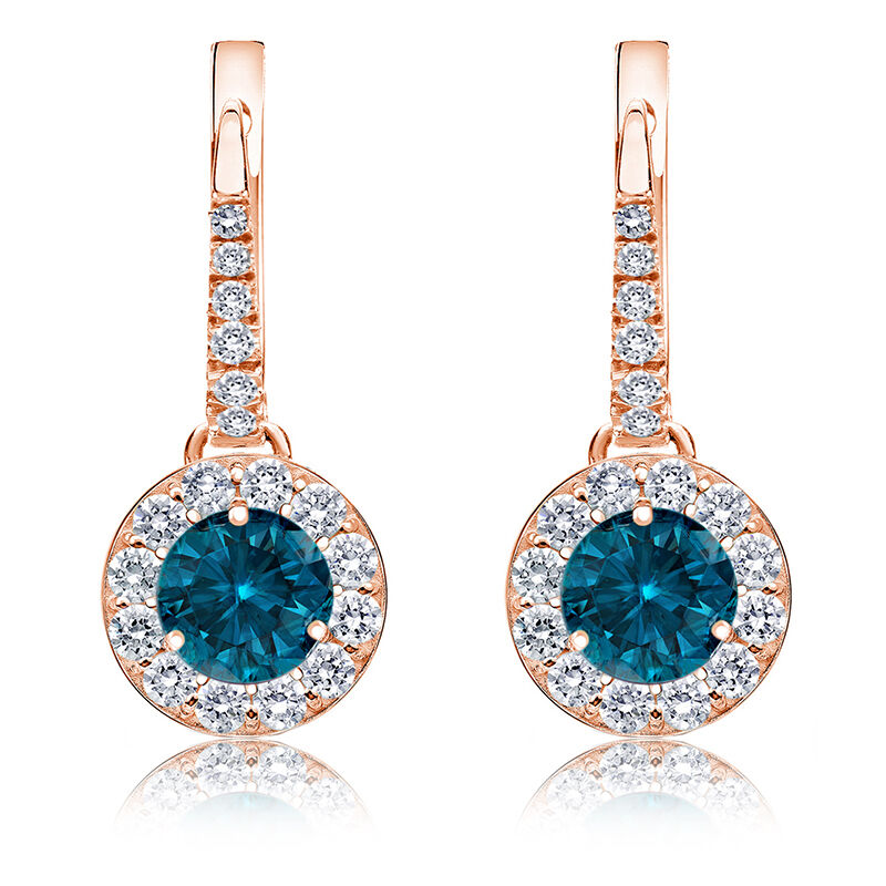 Drop 1 1/2ct. Blue Diamond Halo Earrings in 14k Rose Gold image number null