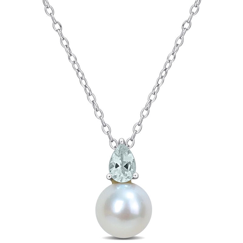 Aquamarine & Freshwater Cultured Pearl Necklace in Sterling Silver image number null
