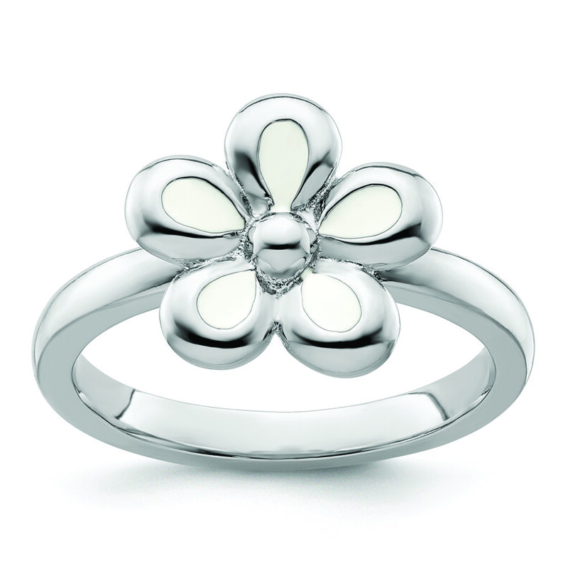 Stackable White Enamel Flower Ring in Sterling Silver image number null