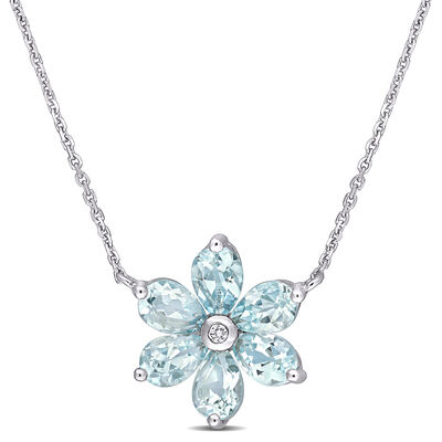 Aquamarine & Diamond Floral Pendant in 14k White Gold