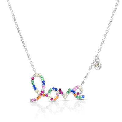 Rainbow CZ Script Love Necklace in Sterling Silver