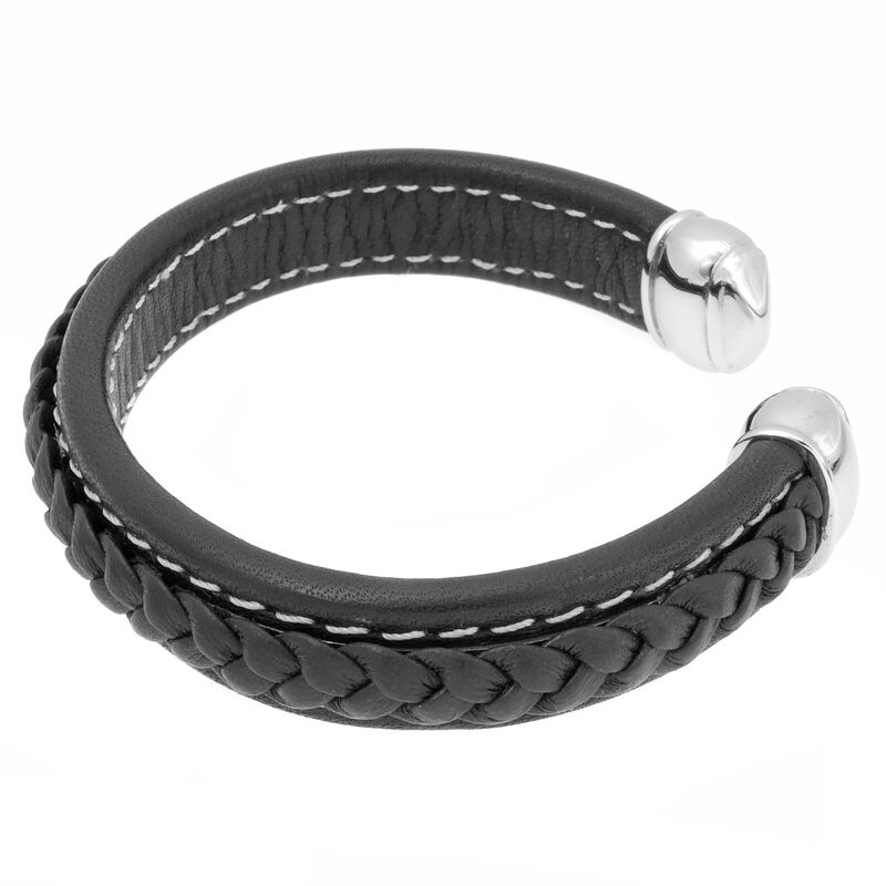 Men's Stainless Steel Black Braided Leather Cuff image number null