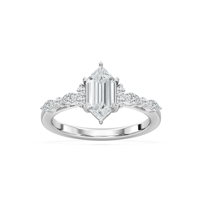 Elongated Hexagon Lab Grown Diamond 1 4/5ctw. Engagement Ring with Marquise and Round Accents in 14k White Gold
