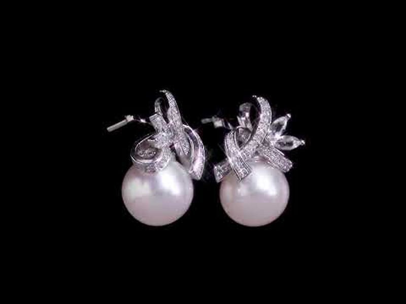  White Topaz & Freshwater Pearl  Ribbon Drop Earrings 1/6ctw in 10k White Gold image number null
