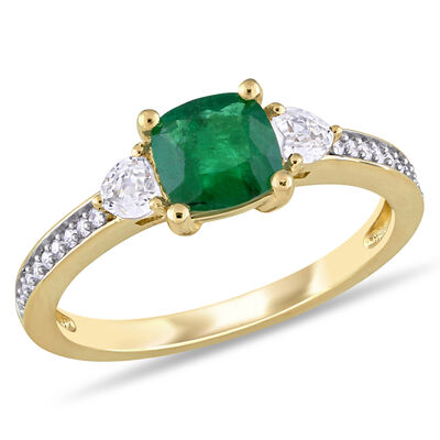 Cushion-Cut Emerald & White Sapphire Diamond Ring in 14k Yellow Gold