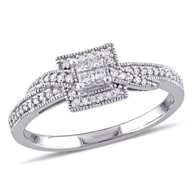 Princess & Round Cut Diamond Halo Crossover Promise Ring 1/4ctw. in 10k White Gold 