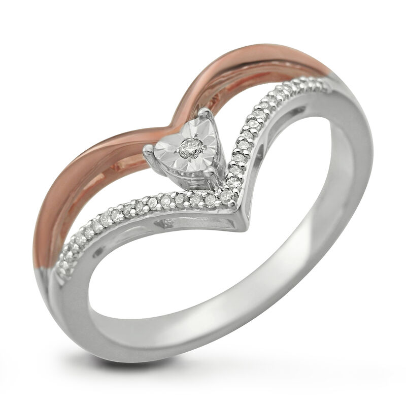 Double V Diamond Heart Ring in 10k Rose & White Gold image number null