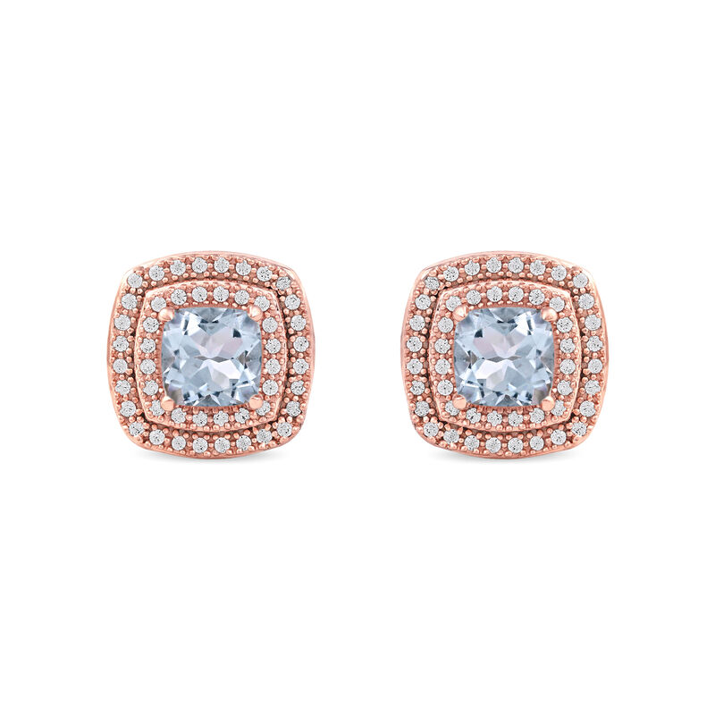 Aquamarine & Diamond Double Halo Stud Earrings in 10k Rose Gold image number null