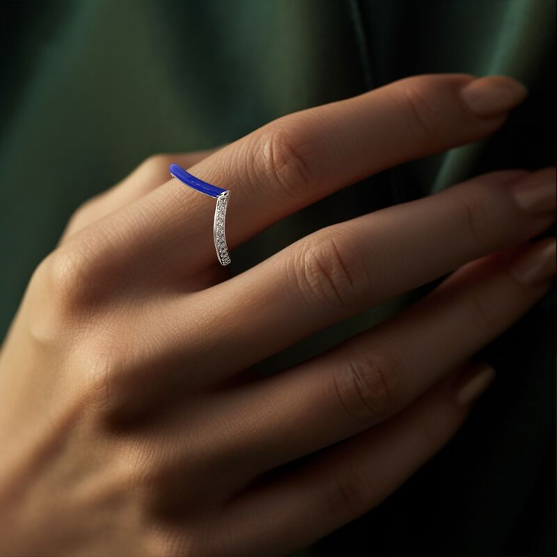 Brilliant-Cut Lab Grown Diamond with Half Dark Blue Ceramic Chevron Ring in Sterling Silver image number null