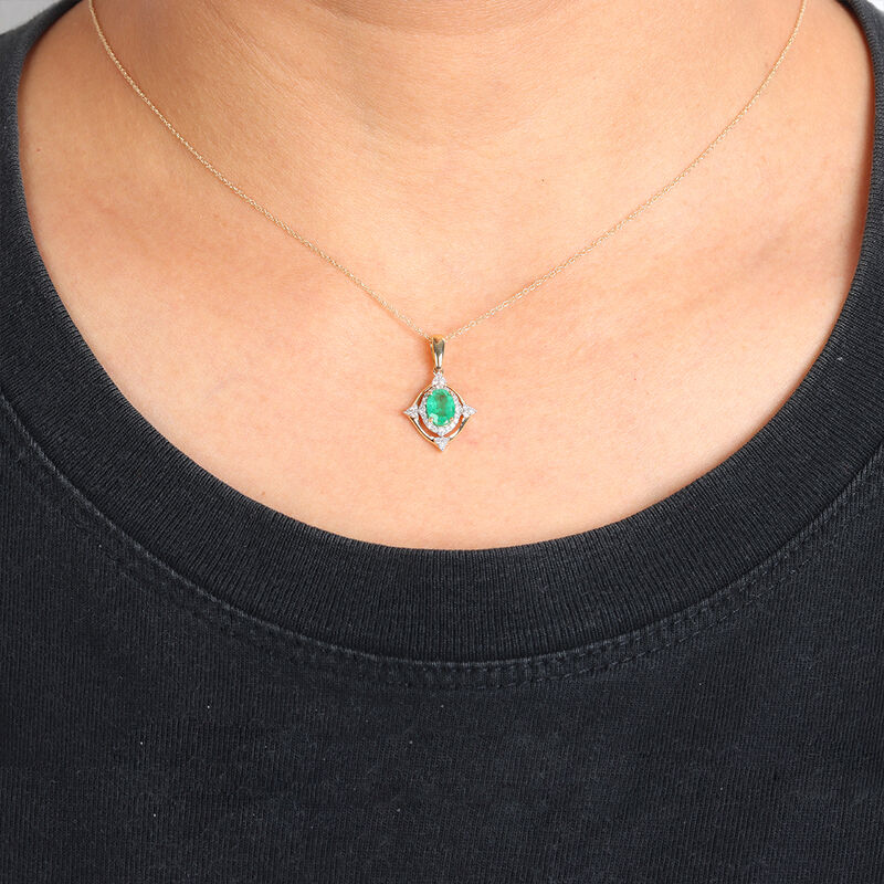 Oval-Cut Emerald & Diamond Pendant in 10k Yellow Gold image number null