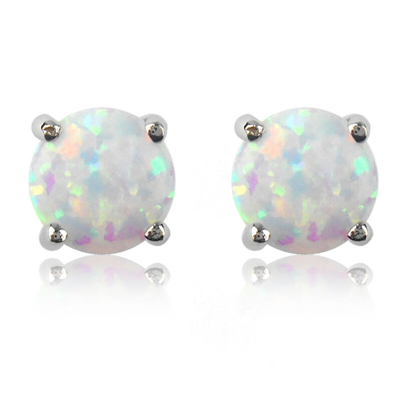 Created Round Opal Stud Earrings in 10K White Gold image number null