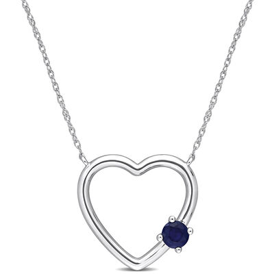 Blue Sapphire Open Heart Necklace in 10k White Gold