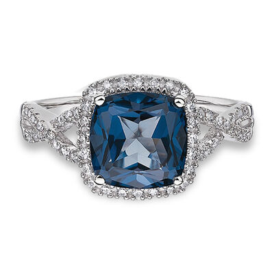 JK Crown® London Blue Topaz & Diamond Halo Ring in 10k White Gold