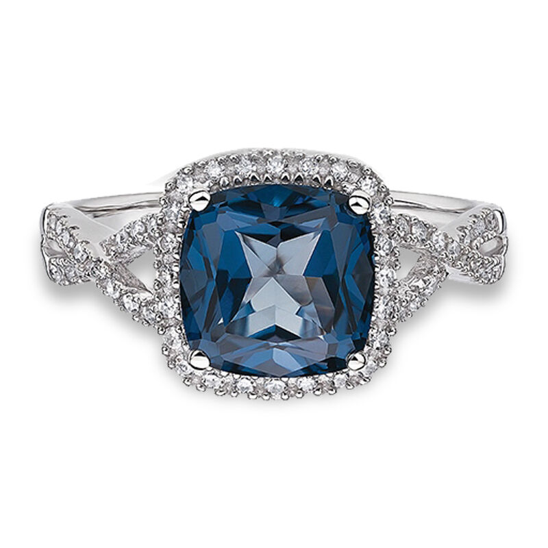 JK Crown: Blue Topaz & Diamond Halo Ring in 10k White Gold image number null