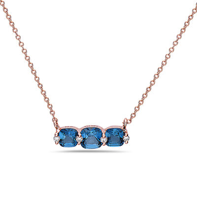London Blue Topaz & Diamond Three Stone Necklace in 14k Rose Gold