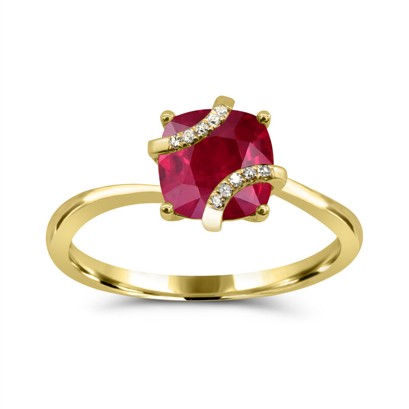 Cushion-Cut Created Ruby & Diamond Swirl Ring in 10k Yellow Gold image number null
