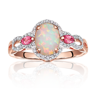 JK Crown® Oval Opal, Diamond & Pink Tourmaline Ring in 10k Rose Gold