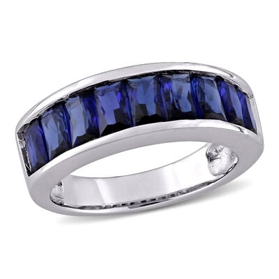 Created Blue Sapphire Semi-Eternity Anniversary Band in Sterling Silver