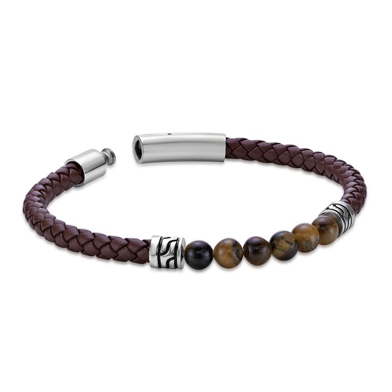 Tiger's Eye & Leather Bracelet in Stainless Steel image number null