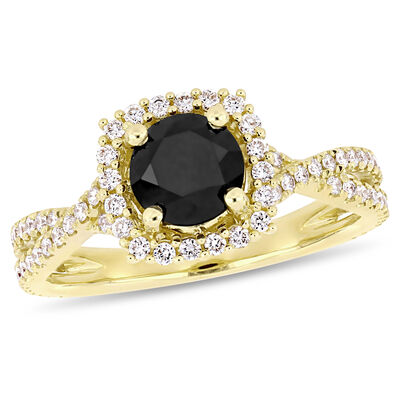 Black Round Diamond Halo Twist 1.50ctw. Engagement Ring in Yellow Gold