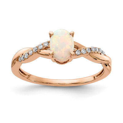 Oval Created Opal and Diamond Twist Ring in 10k Rose Gold