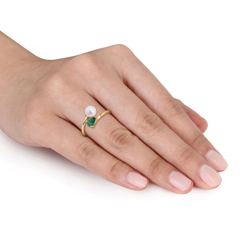 Created Emerald & Freshwater Cultured Pearl Ring in Gold Plated image number null