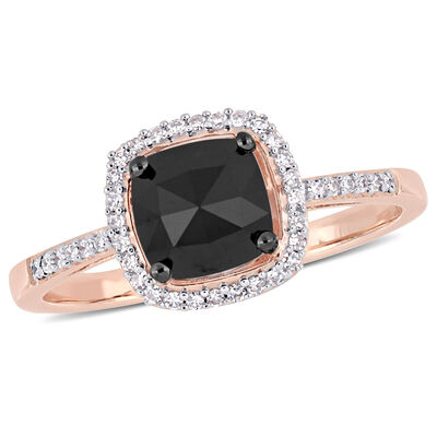 Cushion-Cut 1ctw Black Diamond Halo Engagement Ring in 14k Rose Gold