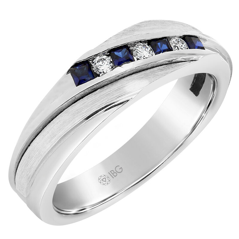 Men's Round Diamond & Princess-Cut Sapphire Ring in 10k White Gold image number null