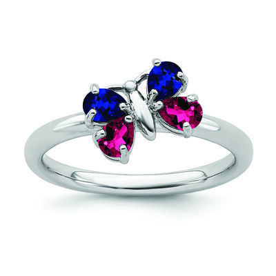 Created Ruby & Created Sapphire Stackable Butterfly Ring in Sterling Silver
