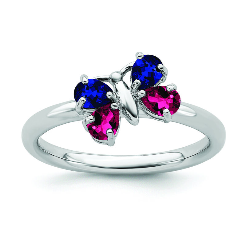 Created Ruby & Created Sapphire Stackable Butterfly Ring in Sterling Silver image number null