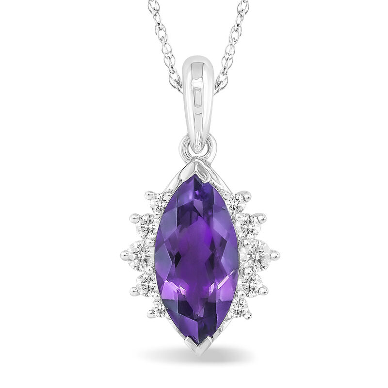 JK Crown Marquise Amethyst, White & Blue Diamond Pendant in 10k White Gold image number null