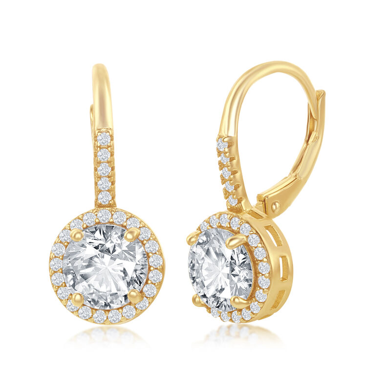 Cubic Zirconia Halo Drop Earrings in Gold Plated Sterling Silver image number null