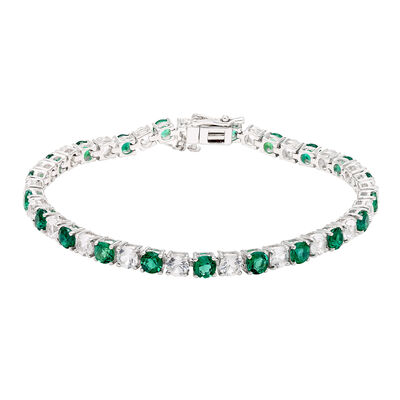 Created Emerald & White Sapphire Gemstone Tennis Bracelet in Sterling Silver 