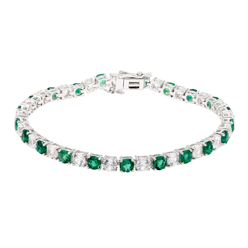 Created Emerald & White Sapphire Gemstone Tennis Bracelet in Sterling Silver  image number null