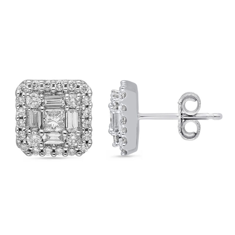 Baguette & Square Cluster Diamond Stud Earrings in 14k White Gold image number null