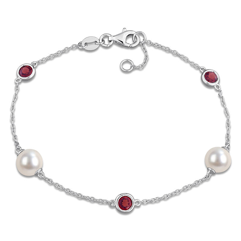 Freshwater Cultured Pearl & Garnet Station Bracelet in Sterling Silver image number null