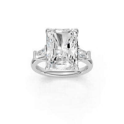 Radiant Lab Grown Diamond 6 1/2ctw. Three Stone Engagement Ring with Baguette Diamonds in 14k White Gold