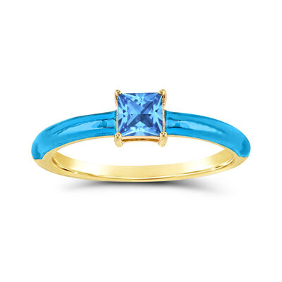 Princess-Cut Swiss Blue Topaz Enamel Ring in 14k Yellow Gold Plated Sterling Silver