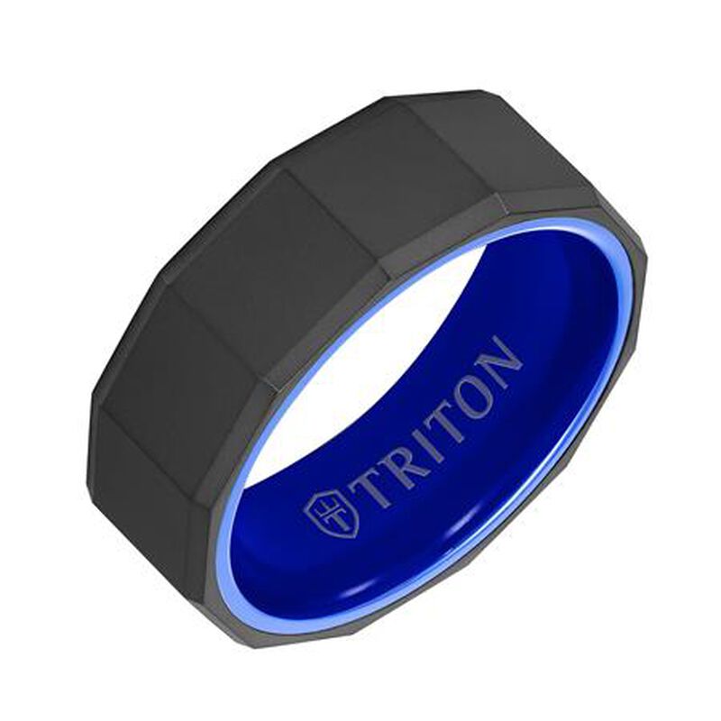 Triton RAW Black 8mm Tungsten Wedding Band with Blue Ceramic image number null