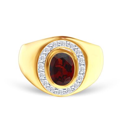 Men's Oval Garnet & Diamond Ring in 10k Yellow Gold