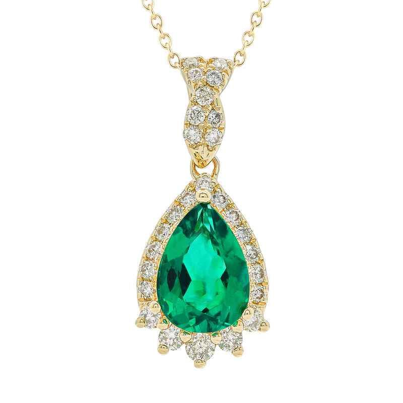 JK Crown Collection Pear-Shaped Created Emerald Brilliant-Cut Diamond Pendant in 10k Yellow Gold image number null