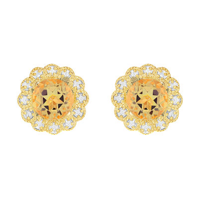 Citrine & Diamond Flower Earrings in 10k Yellow Gold