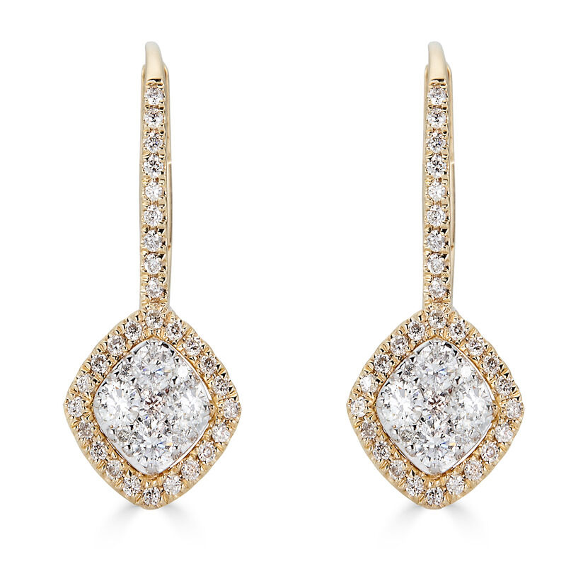 Diamond 1/2ctw Cushion Cut Cluster Halo Drop Earrings in 14k Yellow & White Gold image number null