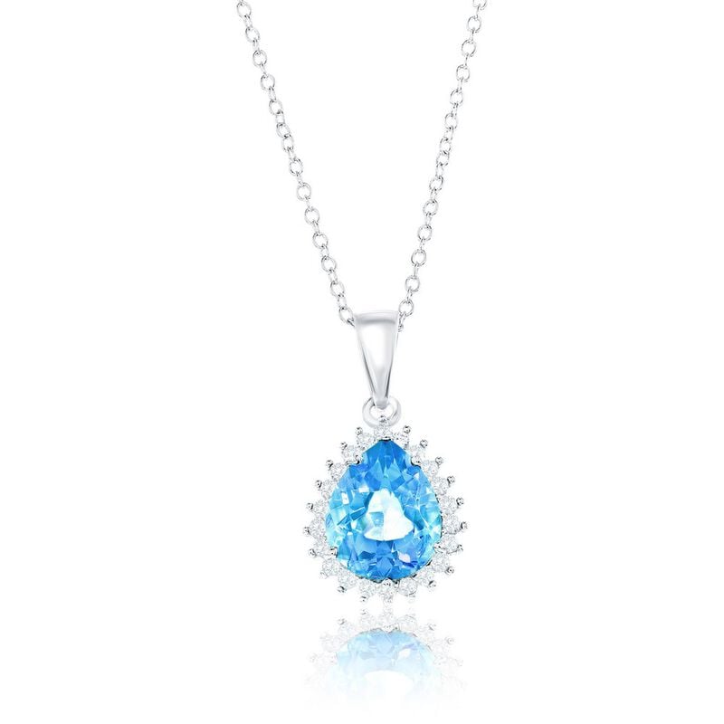 Blue Topaz and White Topaz Pear Shape Halo Necklace in Sterling Silver image number null