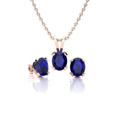 Oval-Cut Sapphire Necklace & Earring Jewelry Set in 14k Rose Gold Plated Sterling Silver