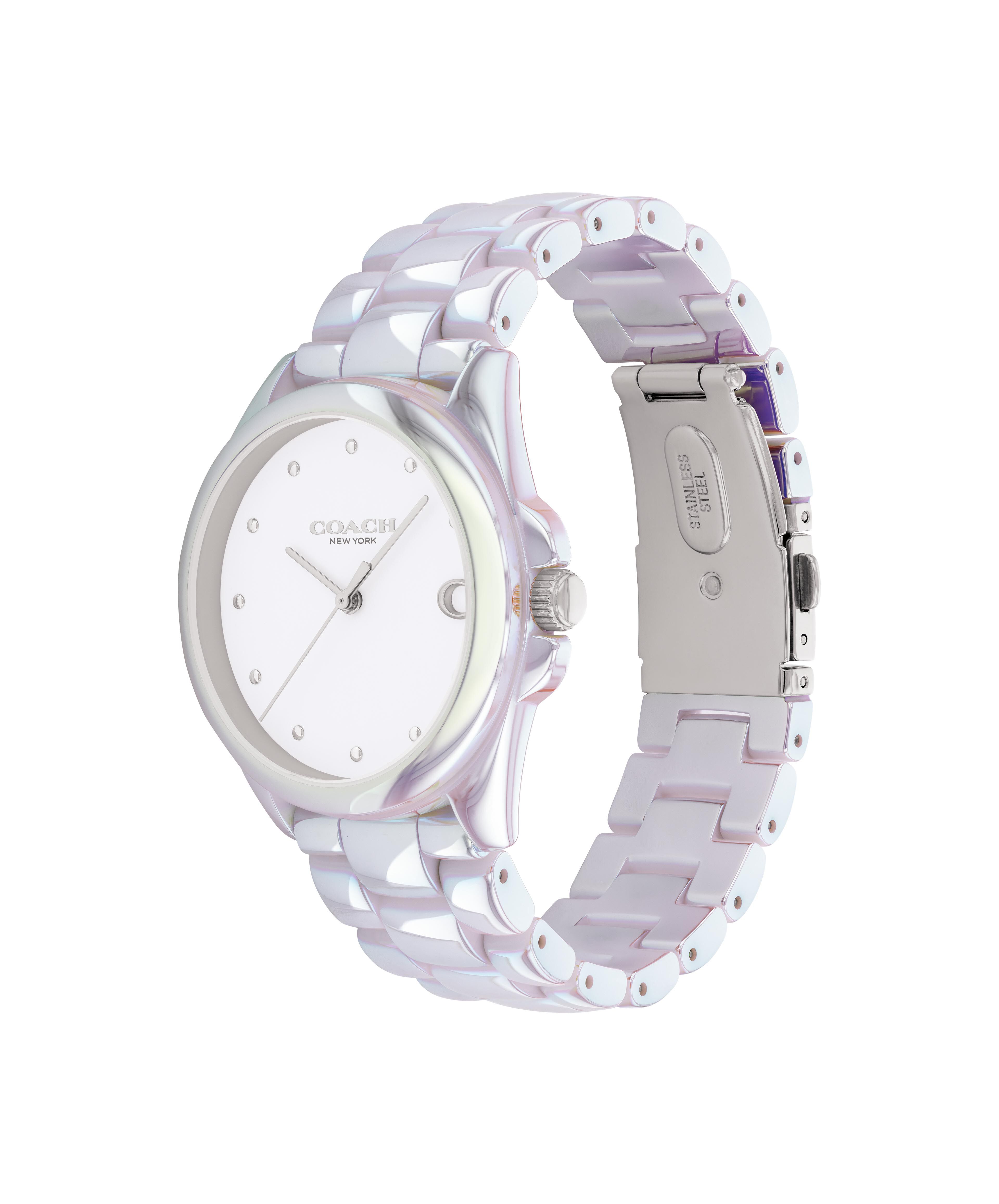 COACH Ladies' Greyson Iridescent White Ceramic White Dial 36mm