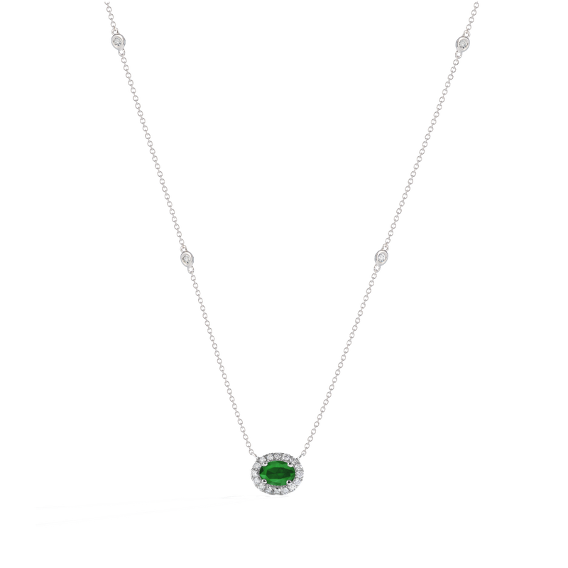 Oval Emerald & Diamond Halo Pendant in 14k White Gold image number null
