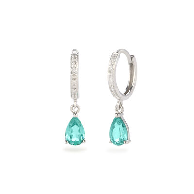 Pear-Shaped Fiji Blue Created Spinel Diamond Drop Hoop Earrings in 14k White Gold