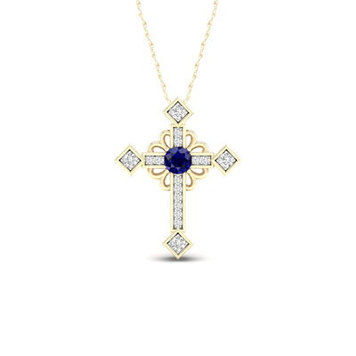 Blue Sapphire & Diamond Cross in 10k Yellow Gold